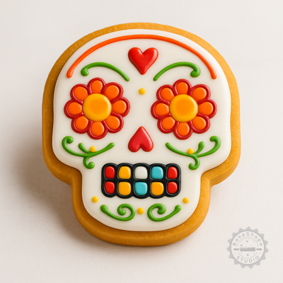 Decorated example 1 of Skull Shape Cookie Cutter and Stamp Set, 6-Piece, S/M/L, Calavera Design, Day of the Dead Baking Tools