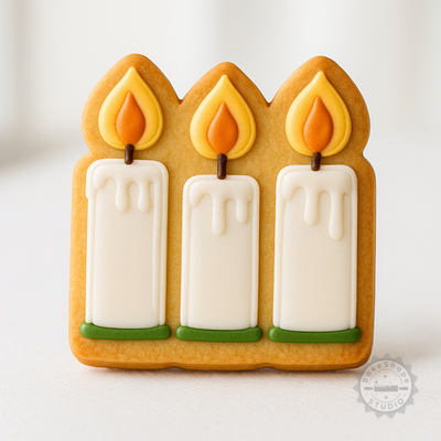 Decorated example 1 of 6-Piece Candle Shape Cutter & Stamp Set for Cookies, Fondant in S/M/L - Celebration & Festive Designs