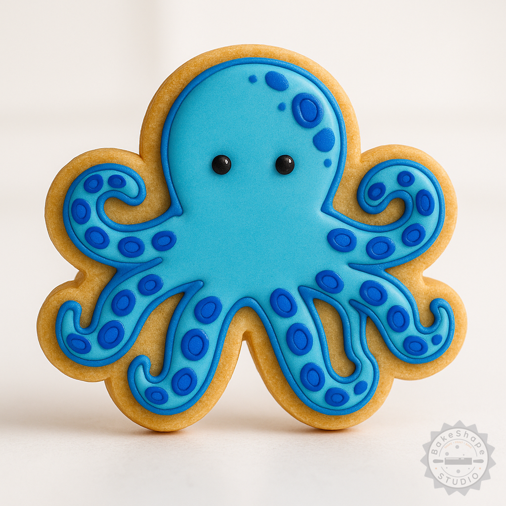 Decorated example 1 of Octopus Shape Cutter and Stamp Set, Perfect for Cookies, Fondant, Blue Ring Ocean Octopus Design, 3 Sizes S/M/L, 6 Pieces