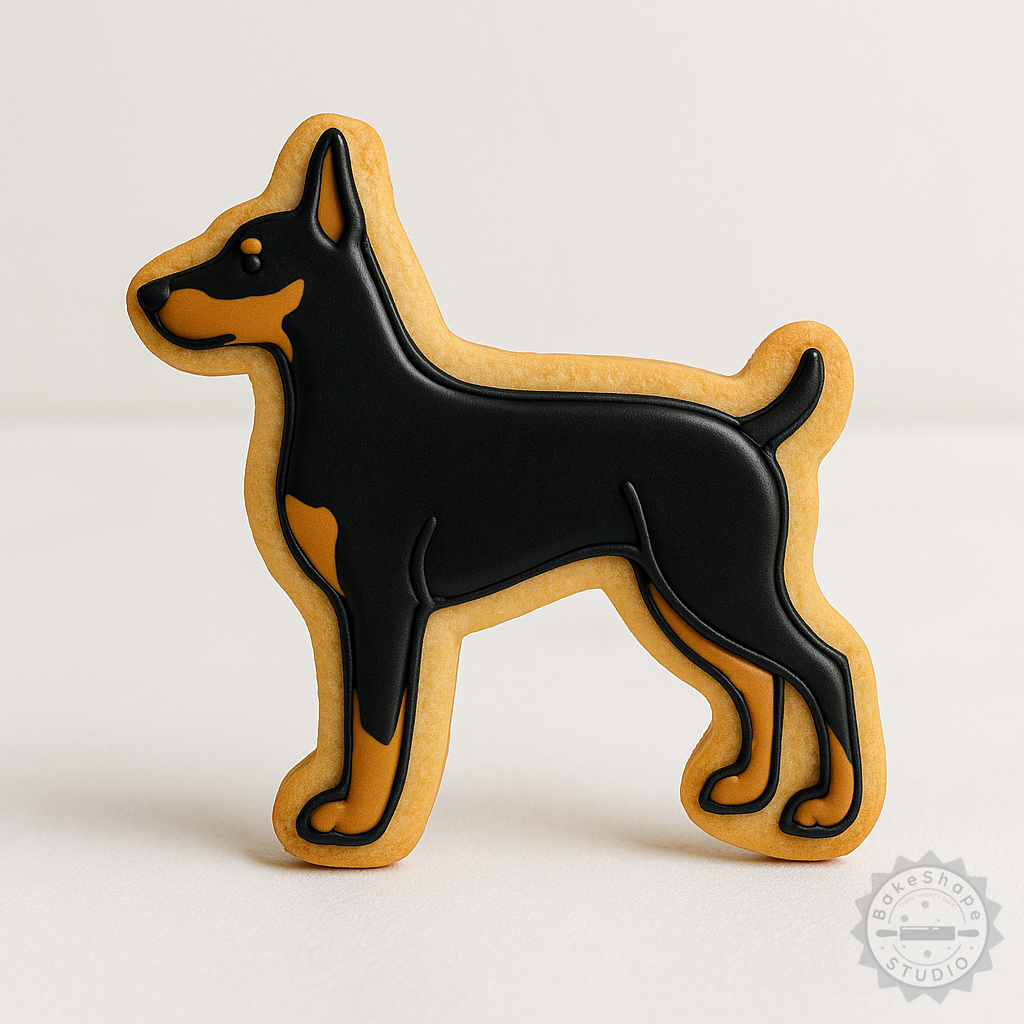 Decorated example 1 of Doberman Pinscher Cookie Cutter and Stamp Set, 6-Piece, Perfect for Cookies & Fondant, Includes S/M/L Sizes