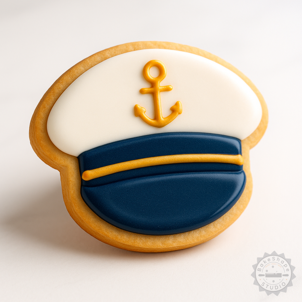 Decorated example 1 of Captain Hat Cookie Cutter Set, Sailor Hat Shape, Fondant Stamp, 3 Sizes S/M/L, 6 Pieces