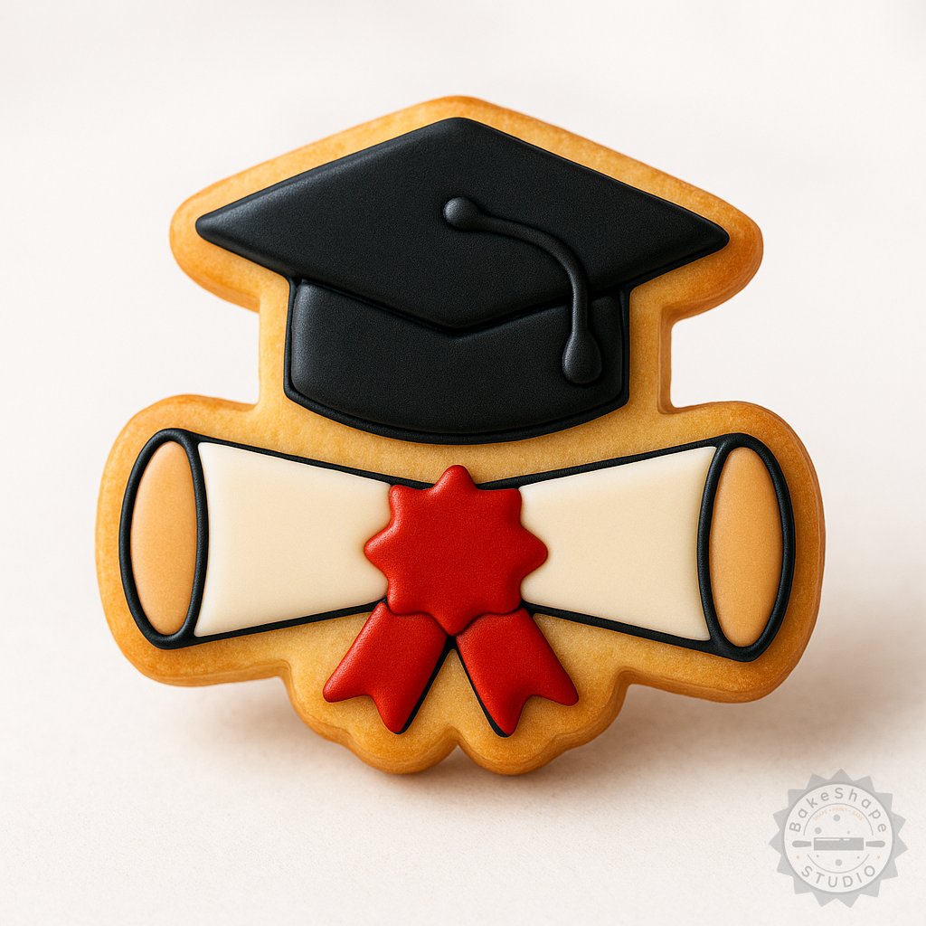 Decorated example 1 of Graduation Shape Cutter and Stamp Set, Perfect for Cookies and Fondant, 6-Piece Set, Includes Graduation Cap and Diploma Designs