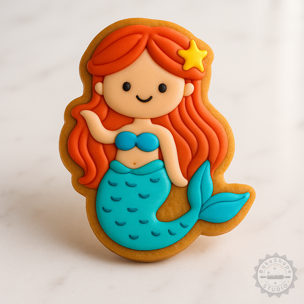 Decorated example 1 of Mermaid Cookie Cutter and Stamp Set, 6-Piece, S/M/L Sizes, Perfect for Fondant, Sea and Ocean Theme