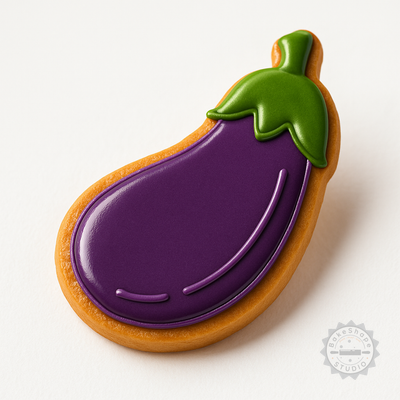 Decorated example 1 of Eggplant Shape Cutter and Stamp Set for Cookies and Fondant, 6 Pieces, S/M/L Sizes