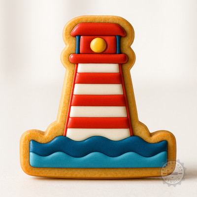 Decorated example 1 of Lighthouse Cookie Cutter & Stamp Set, 6 Piece, S/M/L Sizes for Fondant, Baking & Decorating