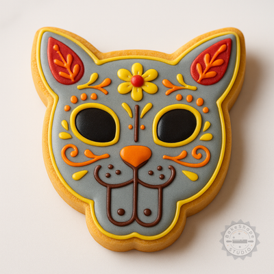 Decorated example 1 of Cat Shape Cutter and Stamp Set, Day of the Dead Cookie Stamps, Festive Feline Baking Tools, 6 Pieces