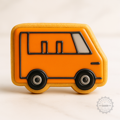 Decorated example 1 of Van Shape Cutter & Stamp Set, Cookie & Fondant, 3 Sizes, 6 Pieces, Transport Van Design