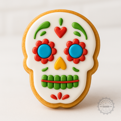 Decorated example 1 of Skull Shape Cutter & Stamp Set, 6 Pieces, Perfect for Cookies & Fondant, Halloween & Day of the Dead