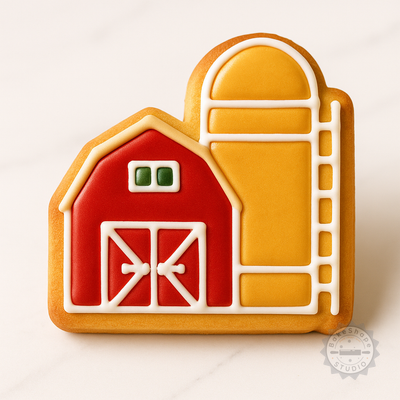Decorated example 1 of Barn Cookie Cutter & Stamp Set, Farmhouse Fondant Decor, 3 Sizes (S/M/L), 6 Piece Collection