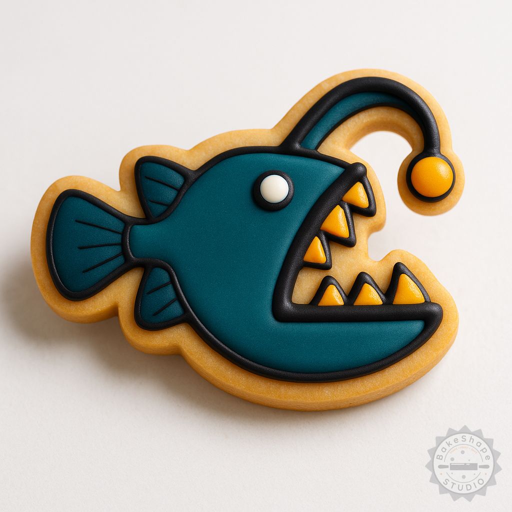 Angler fish cookie cutter and stamp set STL for 3D printing, available in small, medium, and large sizes