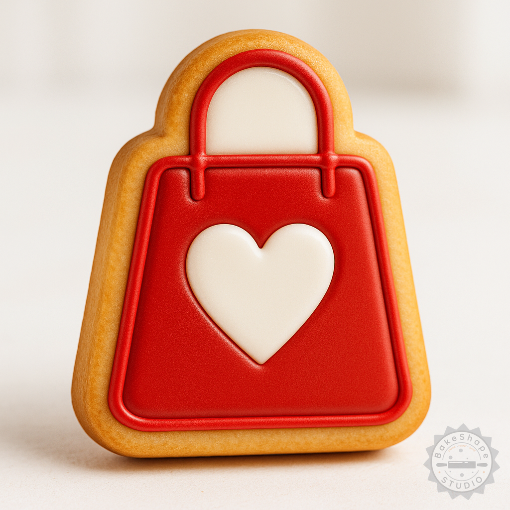 Decorated example 1 of Shopping Bag Cookie Cutter Set, Heart Valentine Tote Shape Cutter, Fondant Stamp, 3 Sizes, 6 Pieces