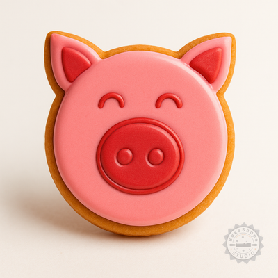 Decorated example 1 of Pig Cookie Cutter Stamp Set, 6-Piece Farm Animal Fondant Molds, S/M/L Sizes