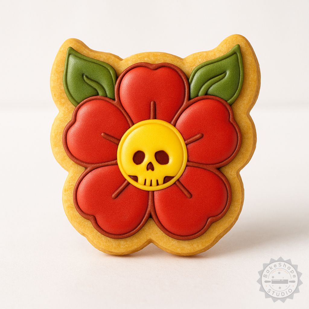 Flower shape cutter and stamp set STL for cookies and fondant decoration featuring skull flower design