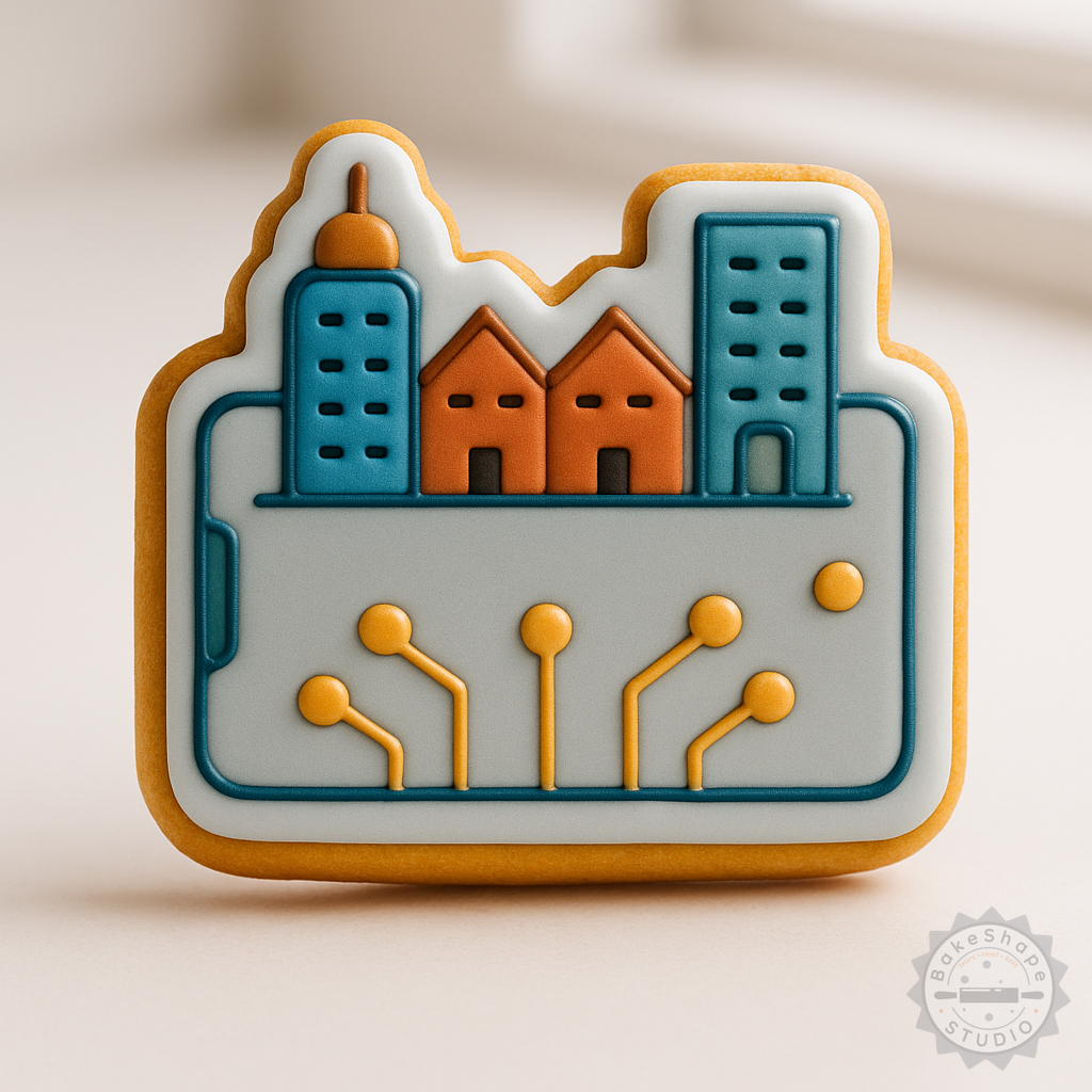 Decorated example 1 of Smart City Cookie Cutter and Stamp Set, 6-piece, S/M/L Sizes, Ideal for Baking and Fondant Designs