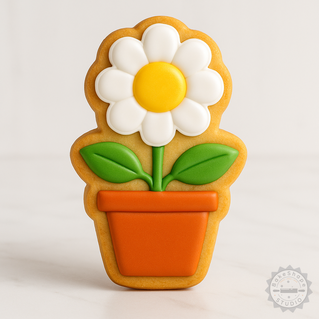 Decorated example 1 of Potted Daisy Shape Cutter and Stamp Set for Cookies and Fondant, Includes 6 Pieces, Sizes S/M/L