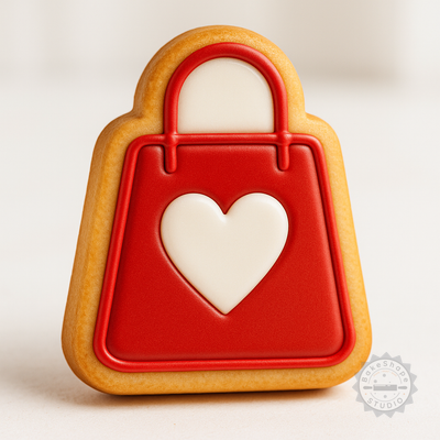 Decorated example 1 of Shopping Bag Cookie Cutter Set, Heart Valentine Tote Shape Cutter, Fondant Stamp, 3 Sizes, 6 Pieces