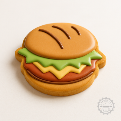 Decorated example 1 of Hamburger Shape Cutter and Stamp Set, Perfect for Cookies and Fondant, 6-Piece S/M/L Sizes