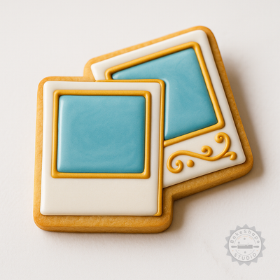 Decorated example 1 of Polaroids Shape Cutter and Stamp Set for Cookies and Fondant, 6 Pieces, Travel Photo Theme