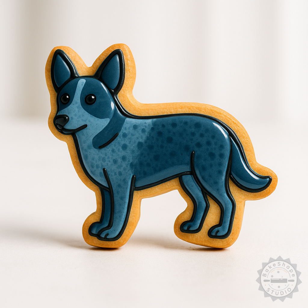 Decorated example 1 of Australian Cattle Dog Shape Cookie Cutter & Stamp Set, 6-Piece, Perfect for Fondant, S/M/L Sizes