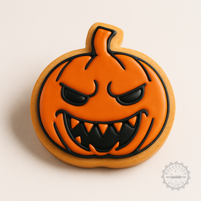Decorated example 1 of Evil Pumpkin Halloween Cookie Cutter and Stamp Set - 6 Pieces, 3 Sizes, Perfect for Fondant and Baking