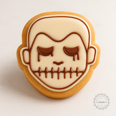Decorated example 1 of Skull Boy Cookie Cutter Stamp Set, Halloween Skull Shape, 6-Piece Fondant Tools in S/M/L Sizes