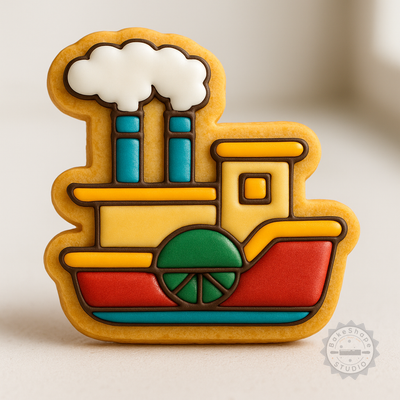 Decorated example 1 of Steamboat Cookie Cutter Set, 6-Piece Fondant Stamp Collection, S/M/L Sizes, Nautical Steamer Designs